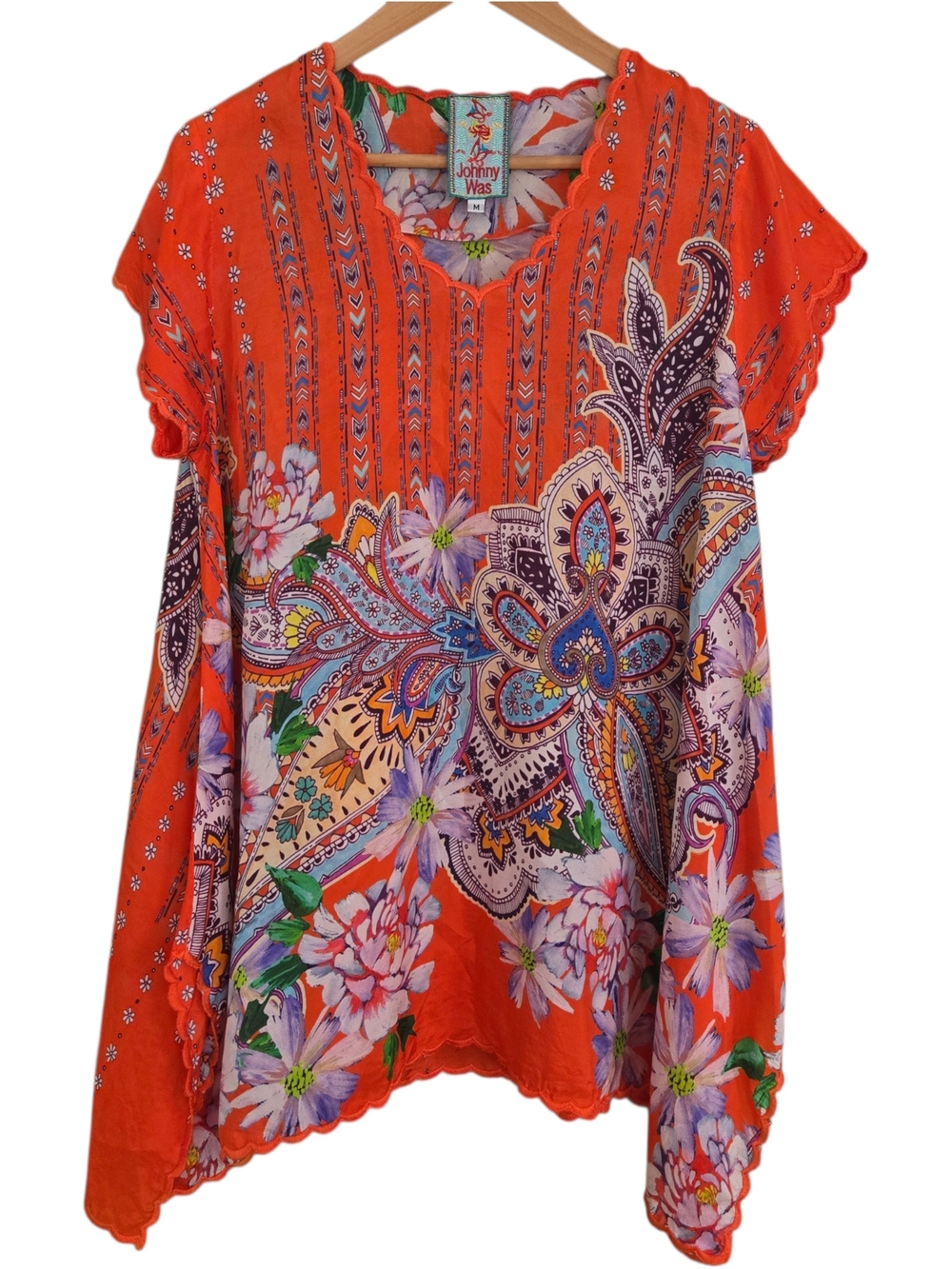 Johnny Was Silk Floral Printed Tunic Top Womens Size M Orange Handkerchief Hem